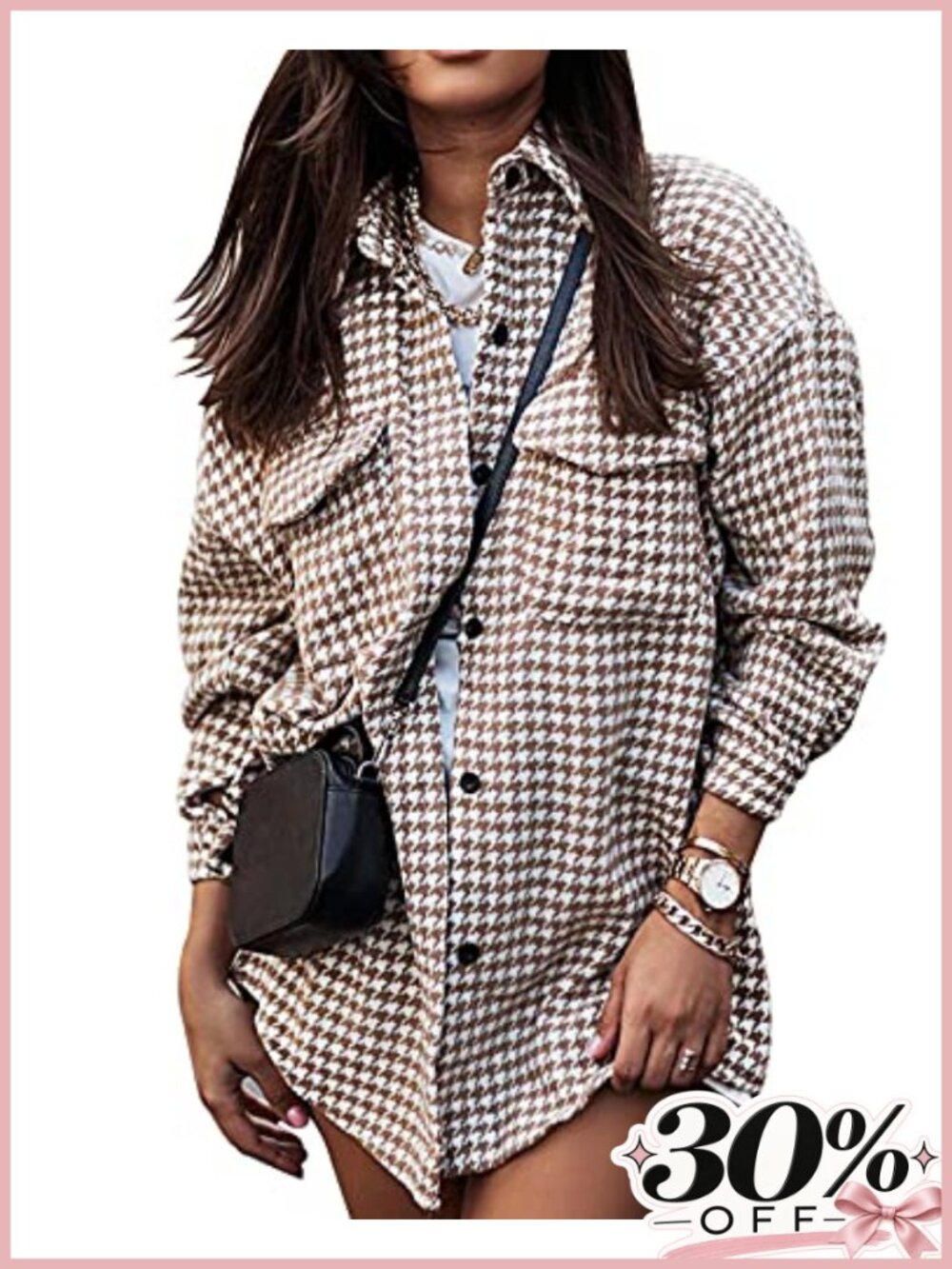 Womens Houndstooth Plaid Shacket Button Down Casual Coat